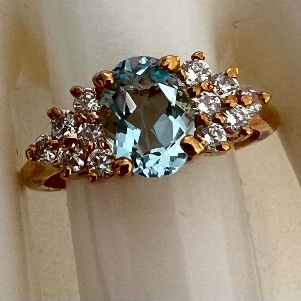 Genuine Topaz oval shape blue with 12 CZs 14 KT gold-plated NEW in box With Tags